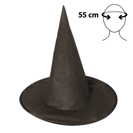Zwarte heksenhoed kind Ursula los gefotografeerd, spitse bol met vlakke rand en hoofdomtrek 55 cm