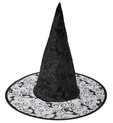 Zwarte heksenhoed met vleermuizen en krullen, met doorschijnende brede rand, voor Halloween