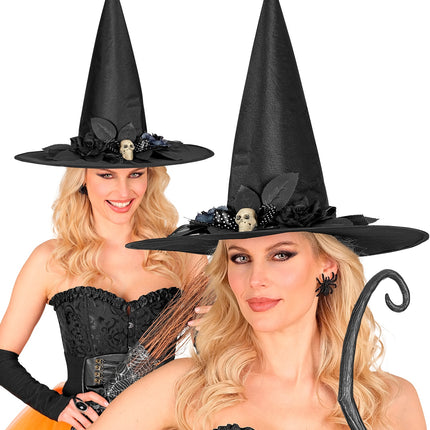 Zwarte heksenhoed Zoë gedragen door dames bij een gotische Halloweenoutfit