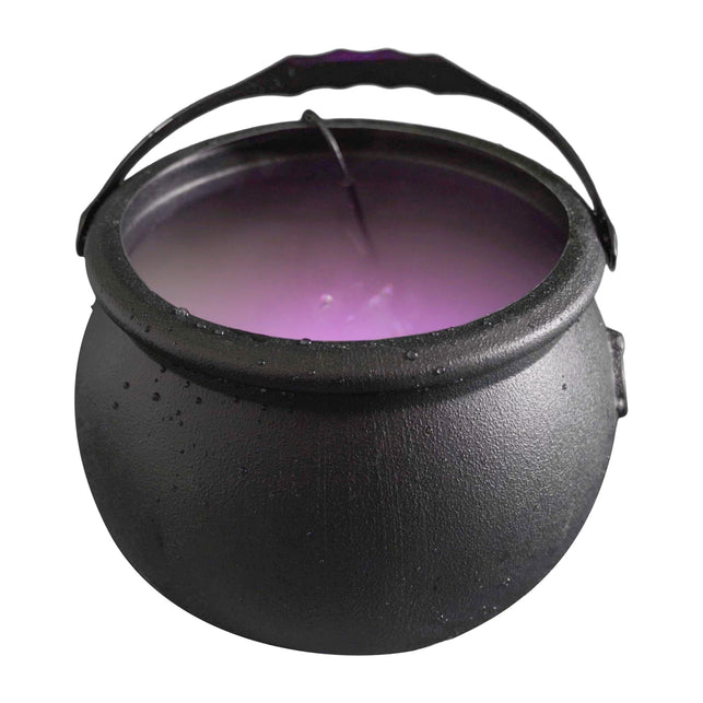 Zwarte kookpot met misteffect en opstaand hengsel, roze paarse gloed over de rand