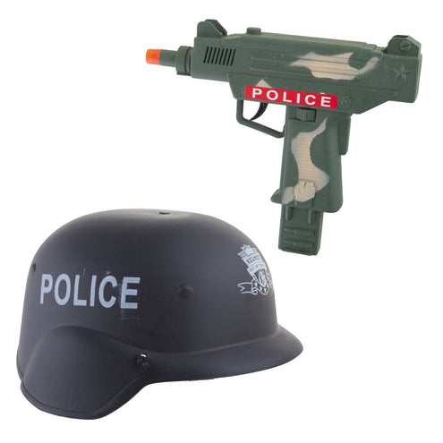 Zwarte politiehelm met embleem en legergroene camouflage-uzi met rode POLICE-sticker voor kinderen