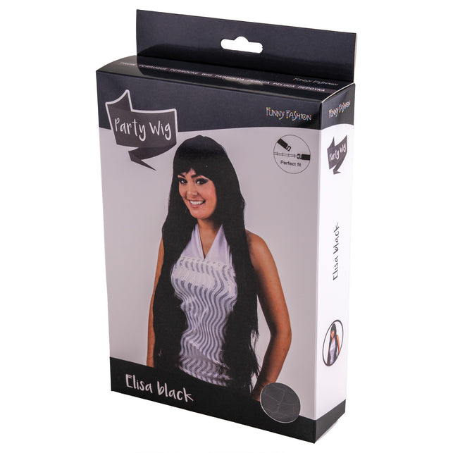 Zwarte pruik Elisa extra lang haar in de Funny Fashion verpakking Elisa black