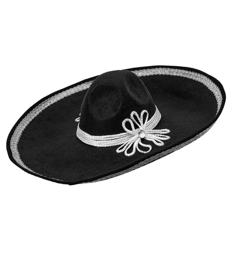 Zwarte sombrero El Charro van zijkant met brede rand en zilveren bies