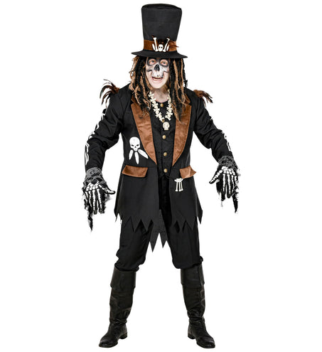 Zwarte voodoo priester jas met witte schedelprint en gerafelde zoom, vooraanzicht