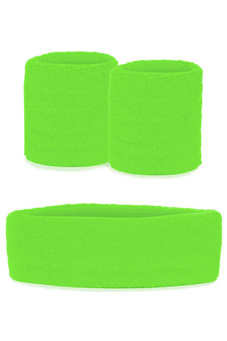 Zweetbandjes set fluor groen met brede hoofdband en twee polsbandjes van badstofachtig weefsel