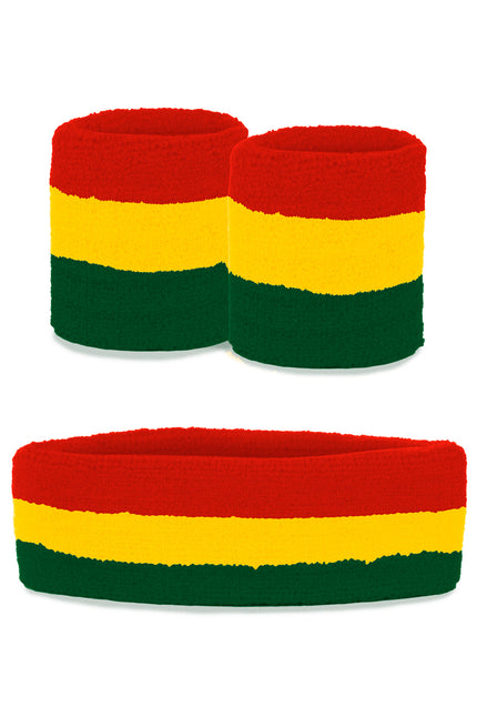 Zweetbandjes set rood geel groen 3-delig met brede hoofdband en twee polsbandjes voor carnaval