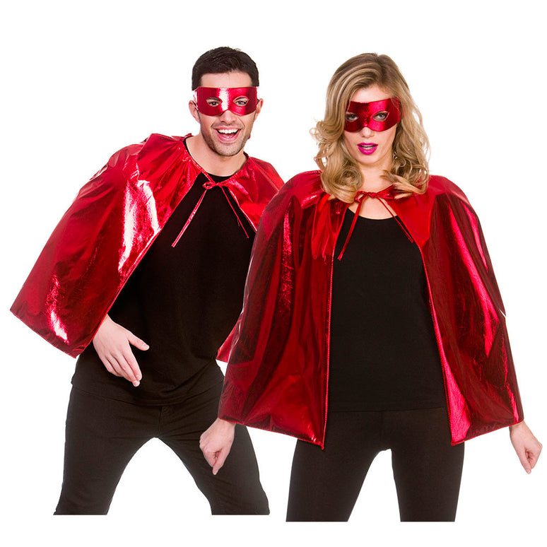 Super helden cape metallic met masker 60cm rood