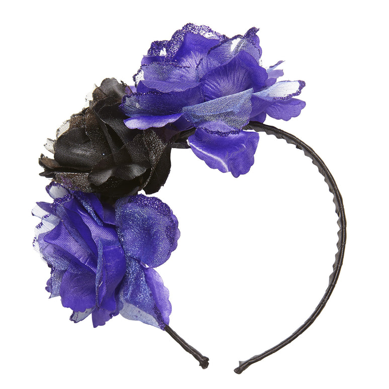 Halloween haarbandje met zwart paarse rozen