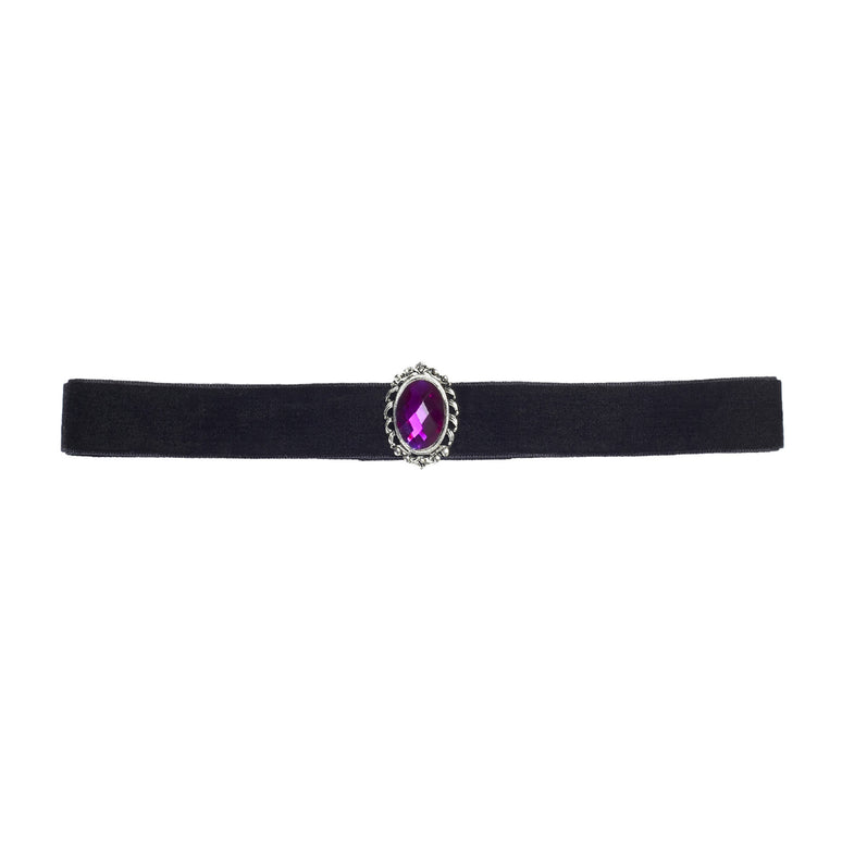 Halsband fluweel zwart met paarse steen