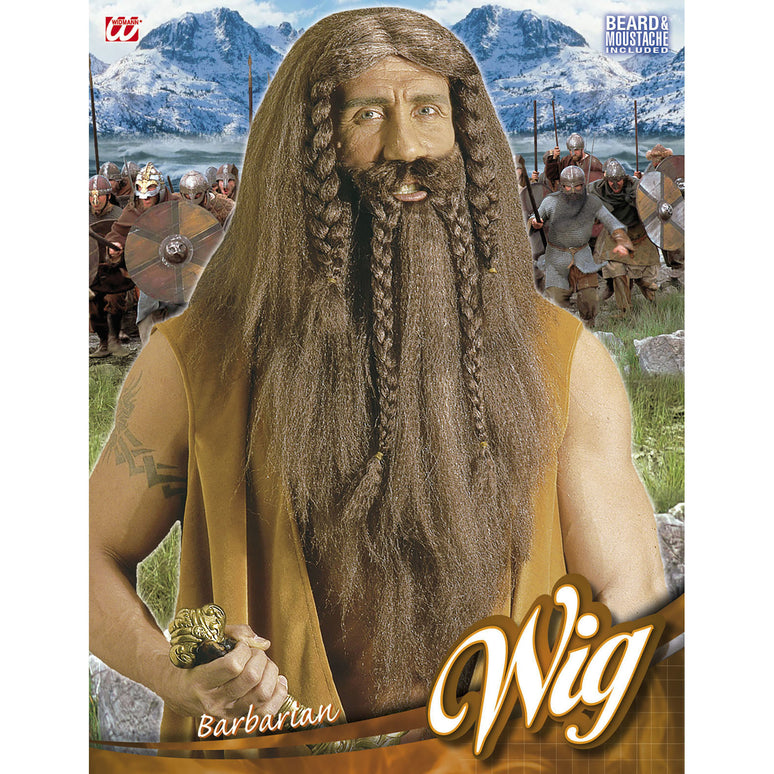 Viking pruik met baard en snor bruin