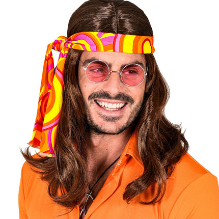 Disco pruik hippie met hoofdband bruin