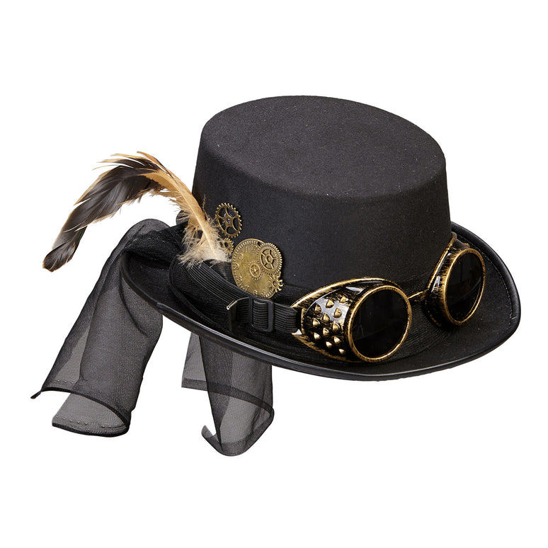 Steampunk hoge hoed zwart met stofbril