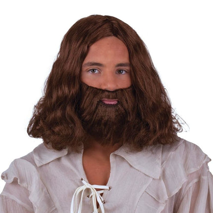 Pruik Jezus met baard in bruin