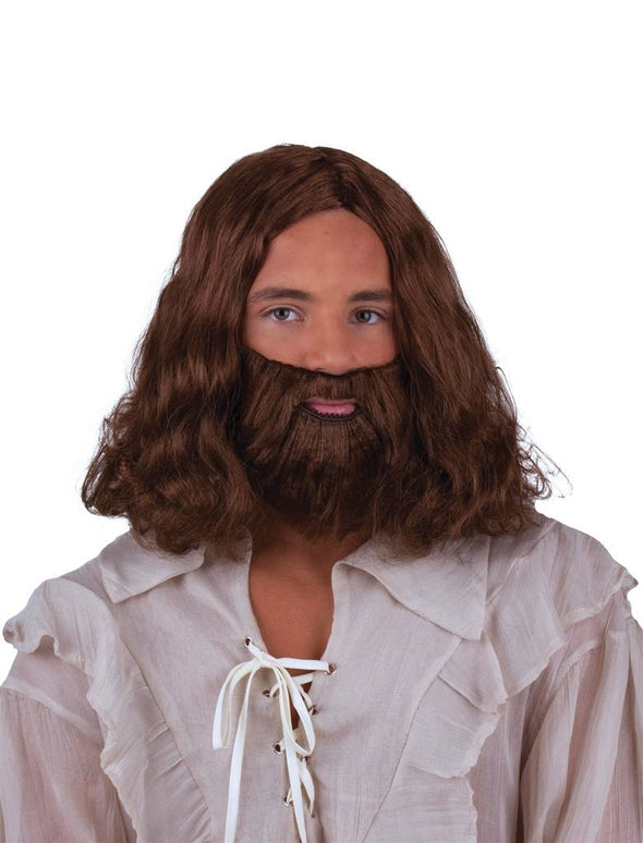 Pruik Jezus met baard in bruin