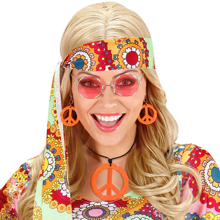 Hippie Peace ketting en oorbellen oranje