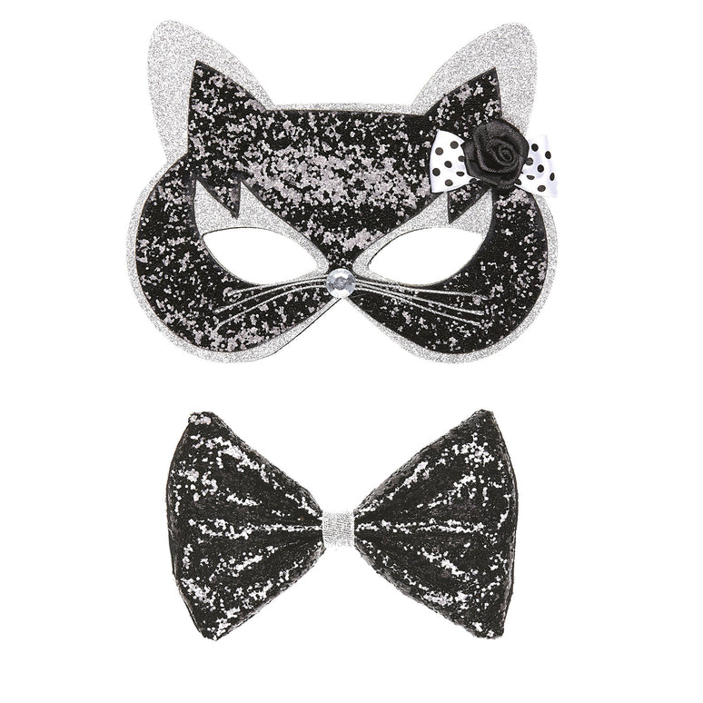 Katten maskertje met strikje in zwart met zilver