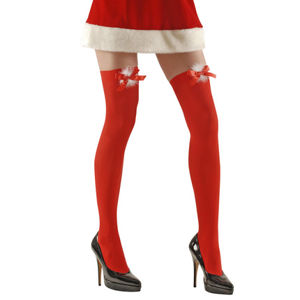 Kerst panty rood met rode strik en wit plushe