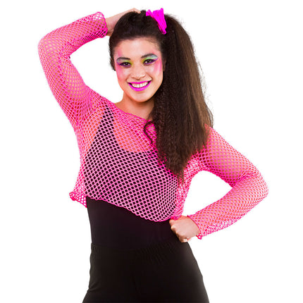 Visnet shirt Maud 80- jaren neon roze