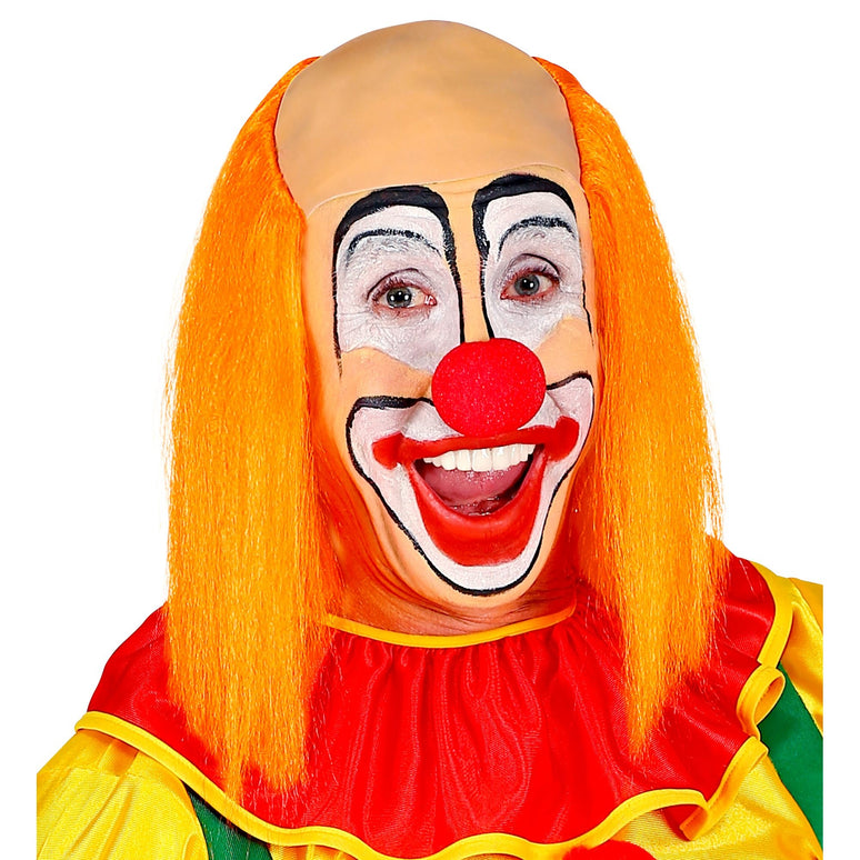 Kale kop pruik clown met oranje haar
