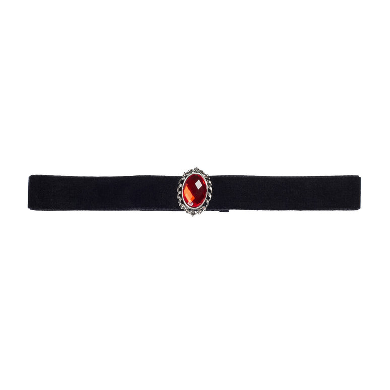 Halsband fluweel zwart met rode steen