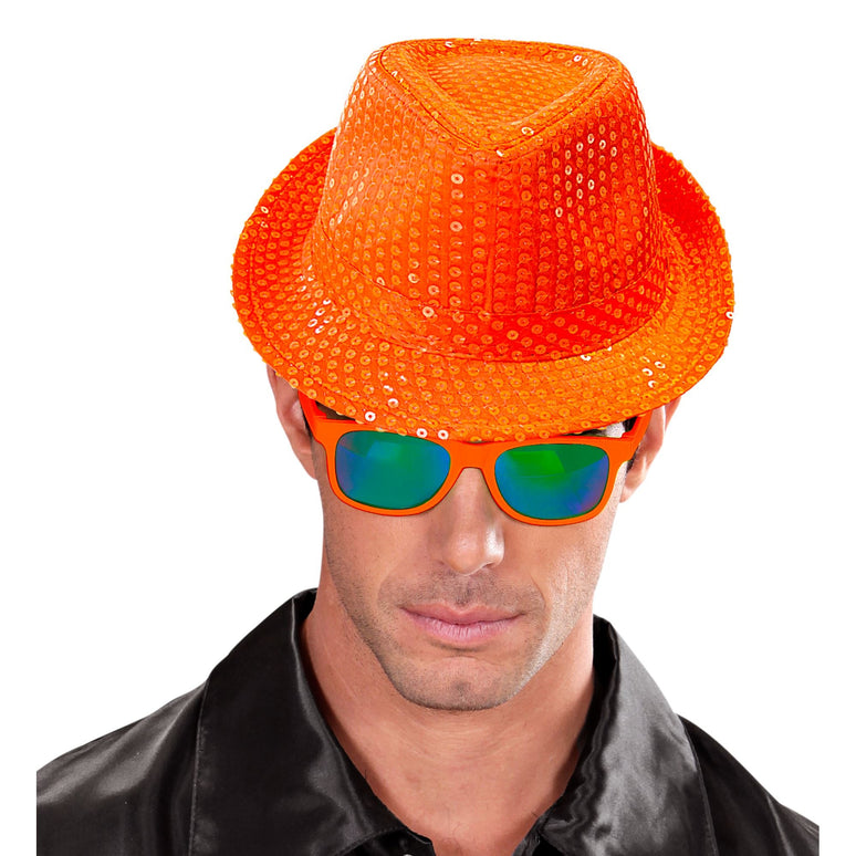 Neon oranje hoed met glitters