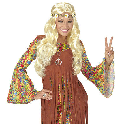 Blonde hippie pruik met margrietjes