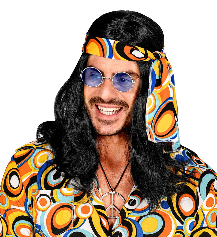 Disco pruik hippie met hoofdband zwart