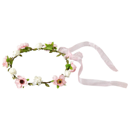 Haarband bloemen wit roze met lint