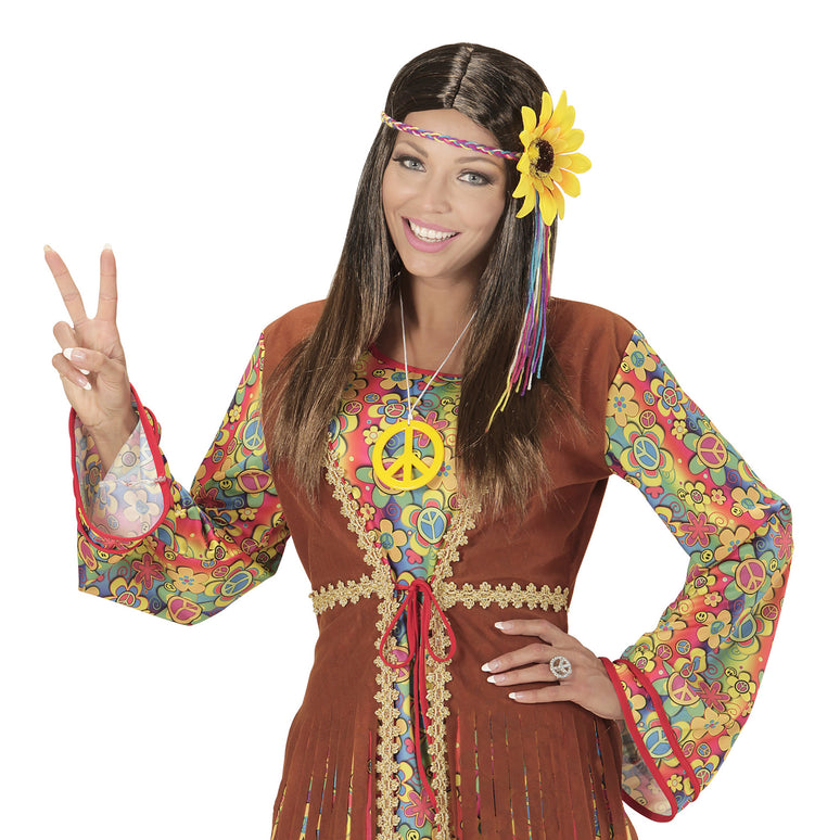 Hippie pruik met zonnebloem haarband