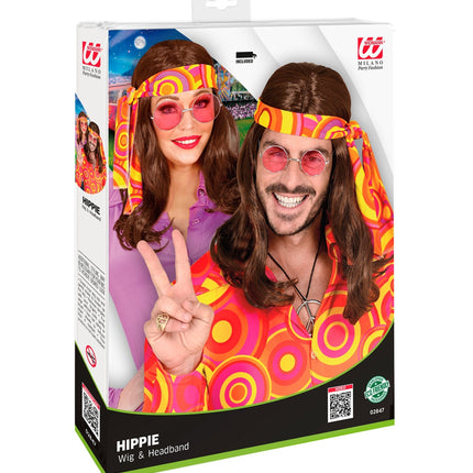 Disco pruik hippie met hoofdband bruin