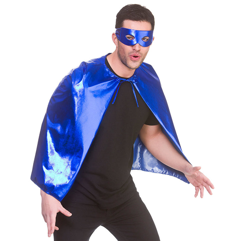 Super helden cape metallic met masker 60cm blauw