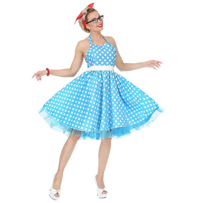 Blauwe jaren 50 jurk met stippen