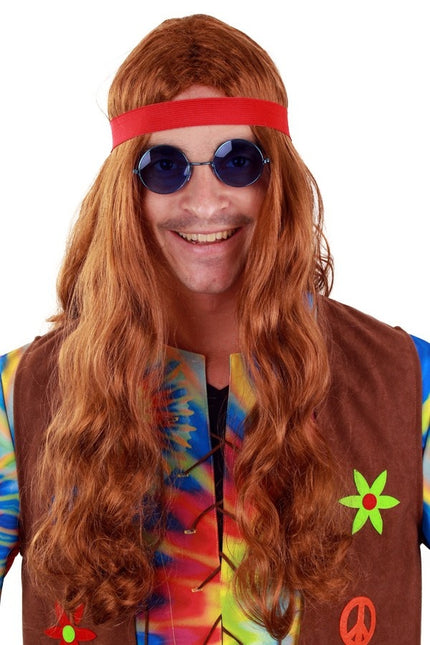 Hippie pruik Jay lang haar bruin met hoofdbandje