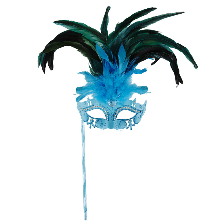 Azur blauwe oogmasker met veren op stokje