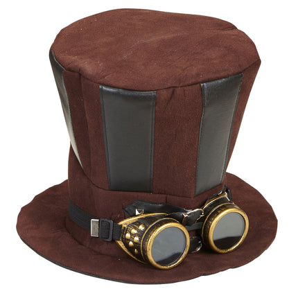 Extra hoge hoed steampunk bruin met stofbril
