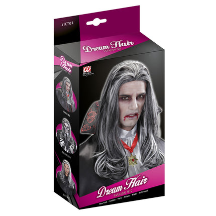 Pruik vampier grijs lang haar