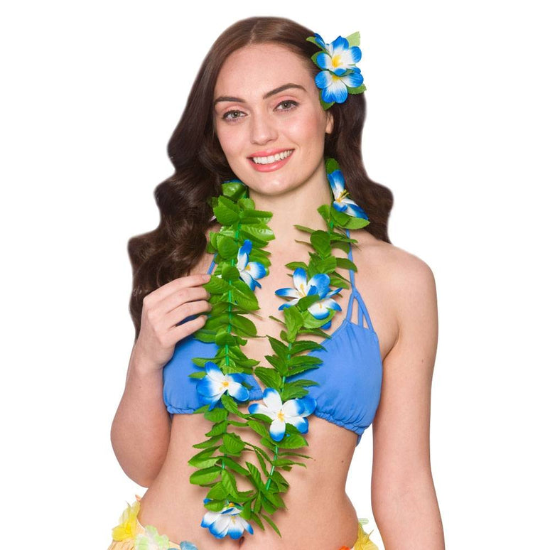 Hawai krans in groen met blauwe bloemen