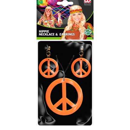 Hippie Peace ketting en oorbellen oranje