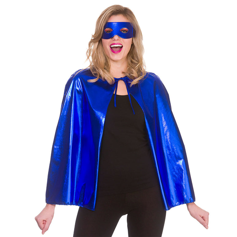 Super helden cape metallic met masker 60cm blauw