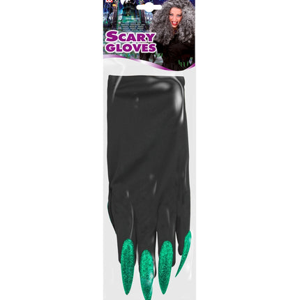 Heksen handschoenen zwart met groene nagels