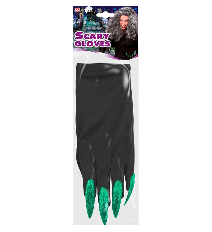 Heksen handschoenen zwart met groene nagels