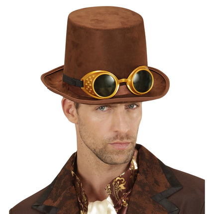 Hoge hoed steampunk bruin met stofbril