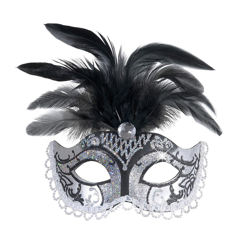 Venetiaans masker zilver glitters veren