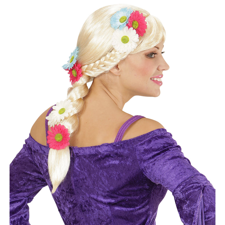 Blonde Rapunzel pruik met vlecht en bloemen