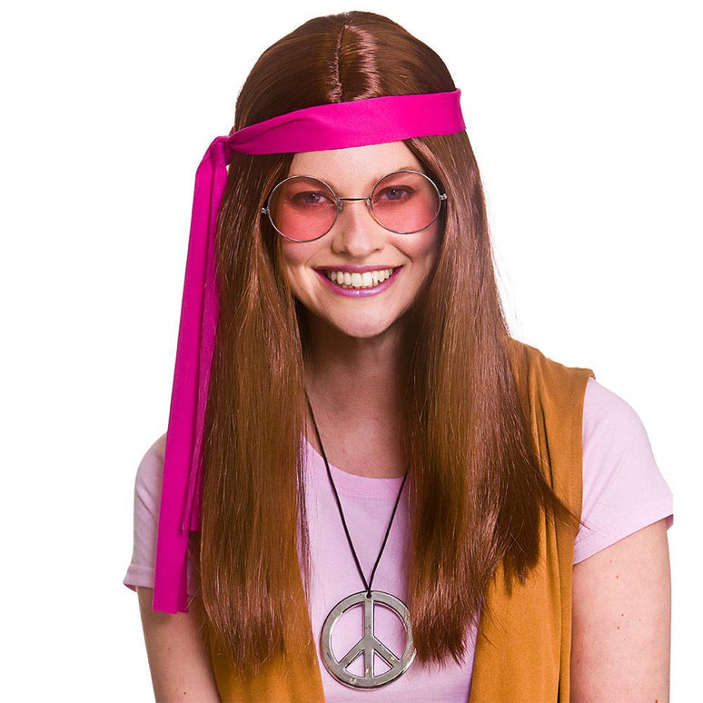 Bruine hippie pruik Woodstock met bril en hippie ketting