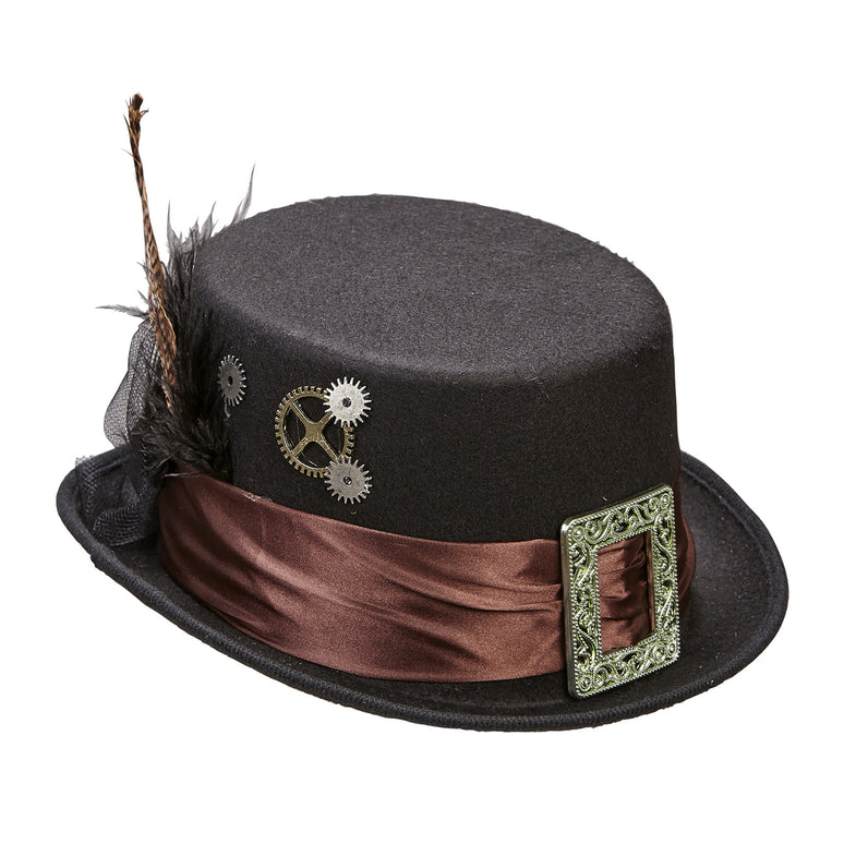 Hoge hoed steampunk met veer