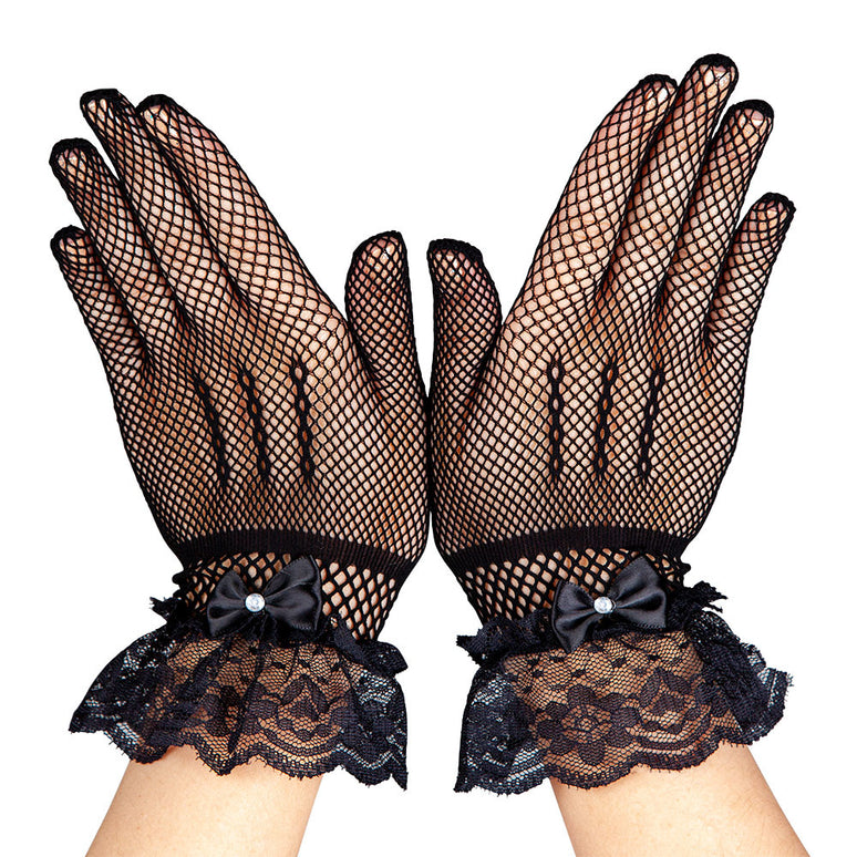 Zwarte visnet handschoenen met kant en nep diamanten