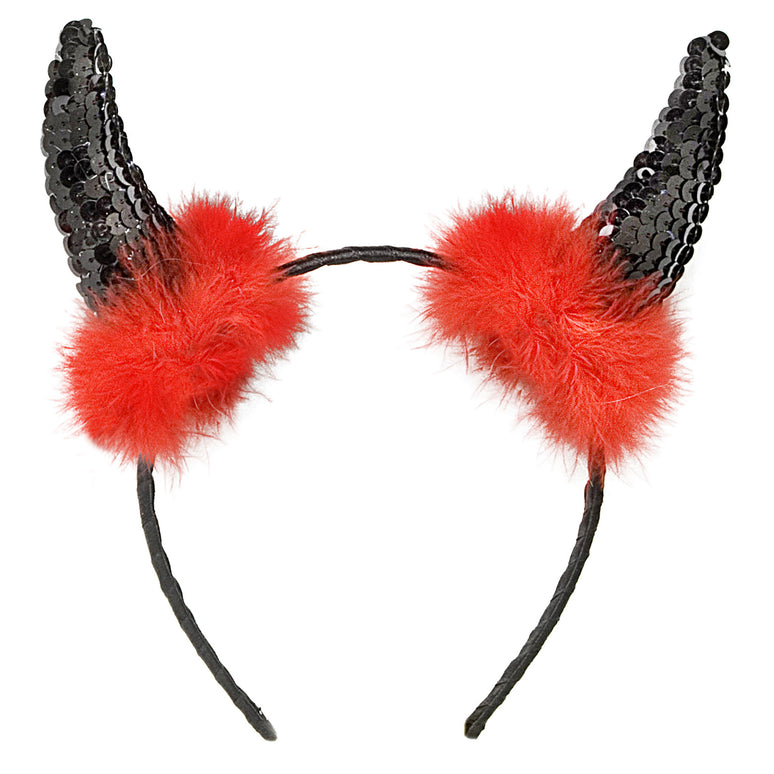 Diadeem zwarte duivel hoorntjes met rode marabou
