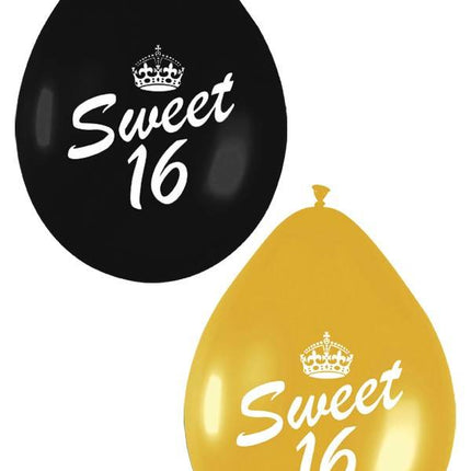 Ballonnen tekst Sweet Sixteen in zwart en goud