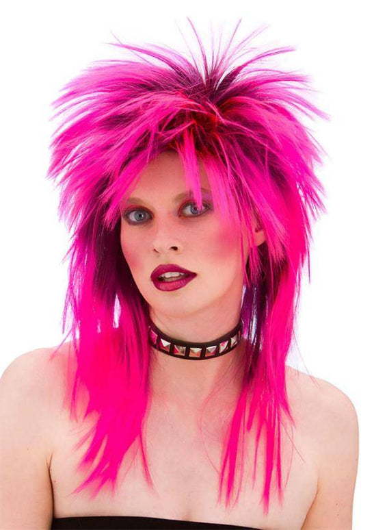 Rocker pruik neon roze 80-jaren
